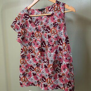 Banana Republic Floral One-Shoulder Blouse | Pink Orange Ruffle Sleeve Top | Siz